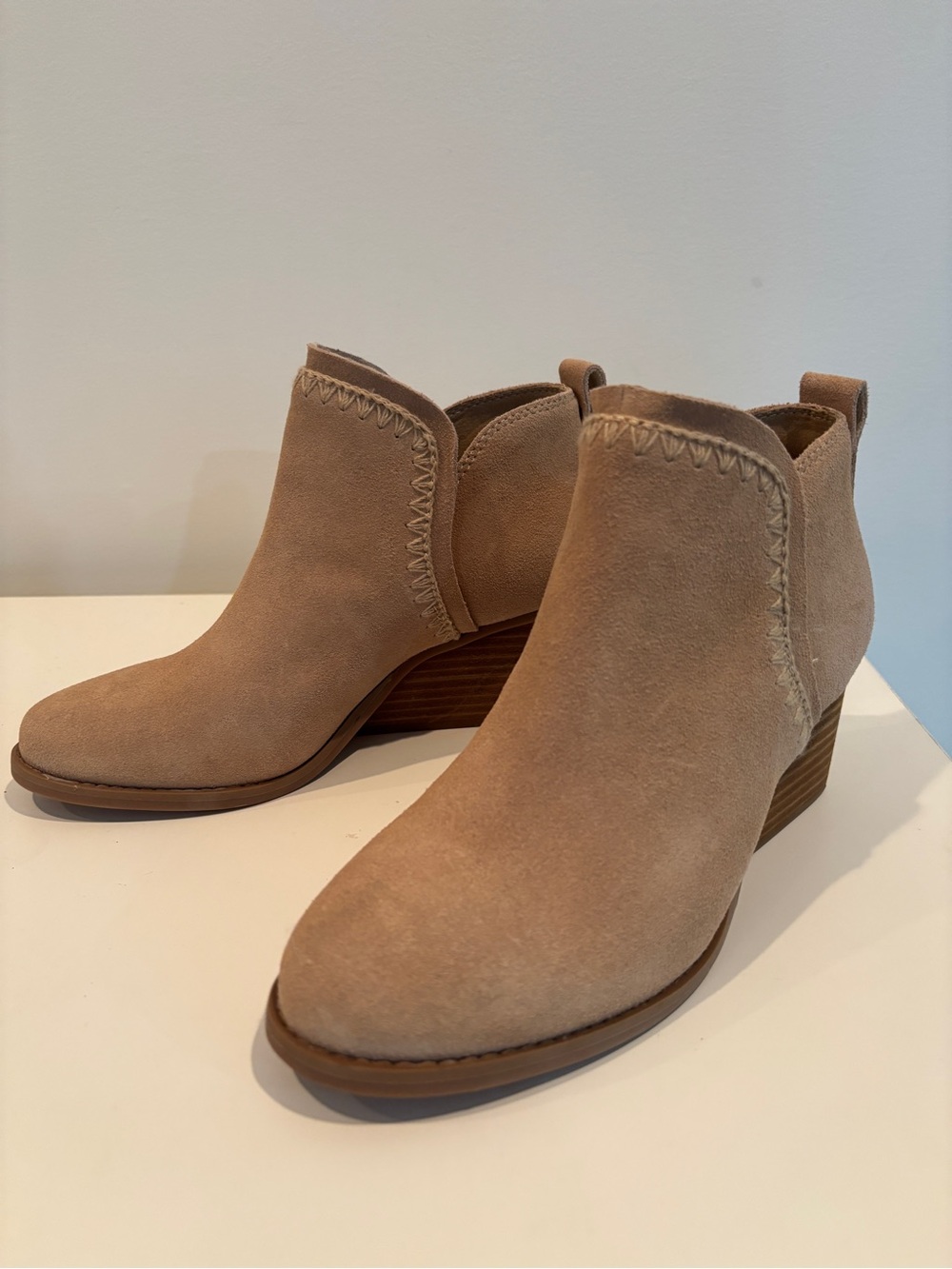 Toms Beige Suede Ankle Booties with Stacked Heel